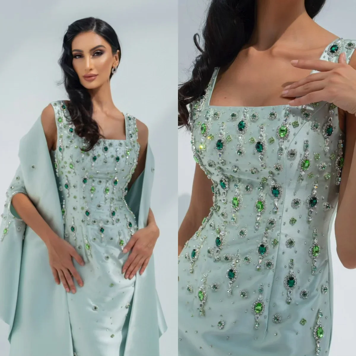 فستان سهرة أخضر فاخر بتطريز الكريستال اليدوي – تصميم أنيق بفتحة جانبية، فستان طويل راقٍ لحفلات الزفاف والمناسبات الرسمية